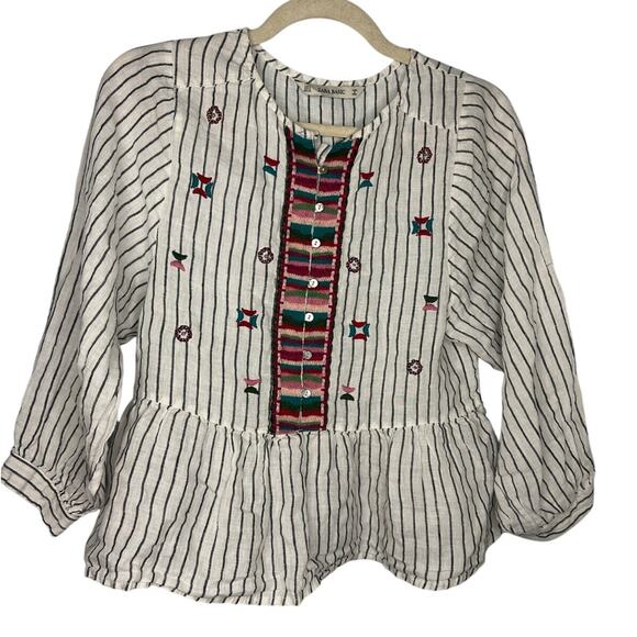 Zara Basic Embroidered Peplum Top Blouse Women's Size Small Striped White Flowy - Picture 1 of 6